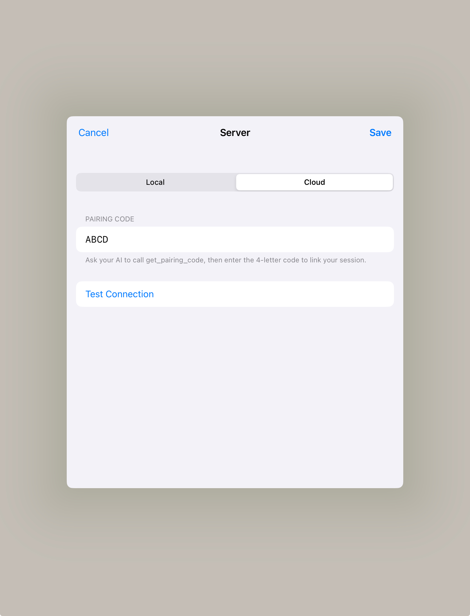 iPad app pairing code screenshot